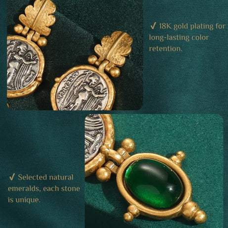 Vintage Emerald Green Stone Dangle Earrings, Antique Gold Coin Boho Jewelry