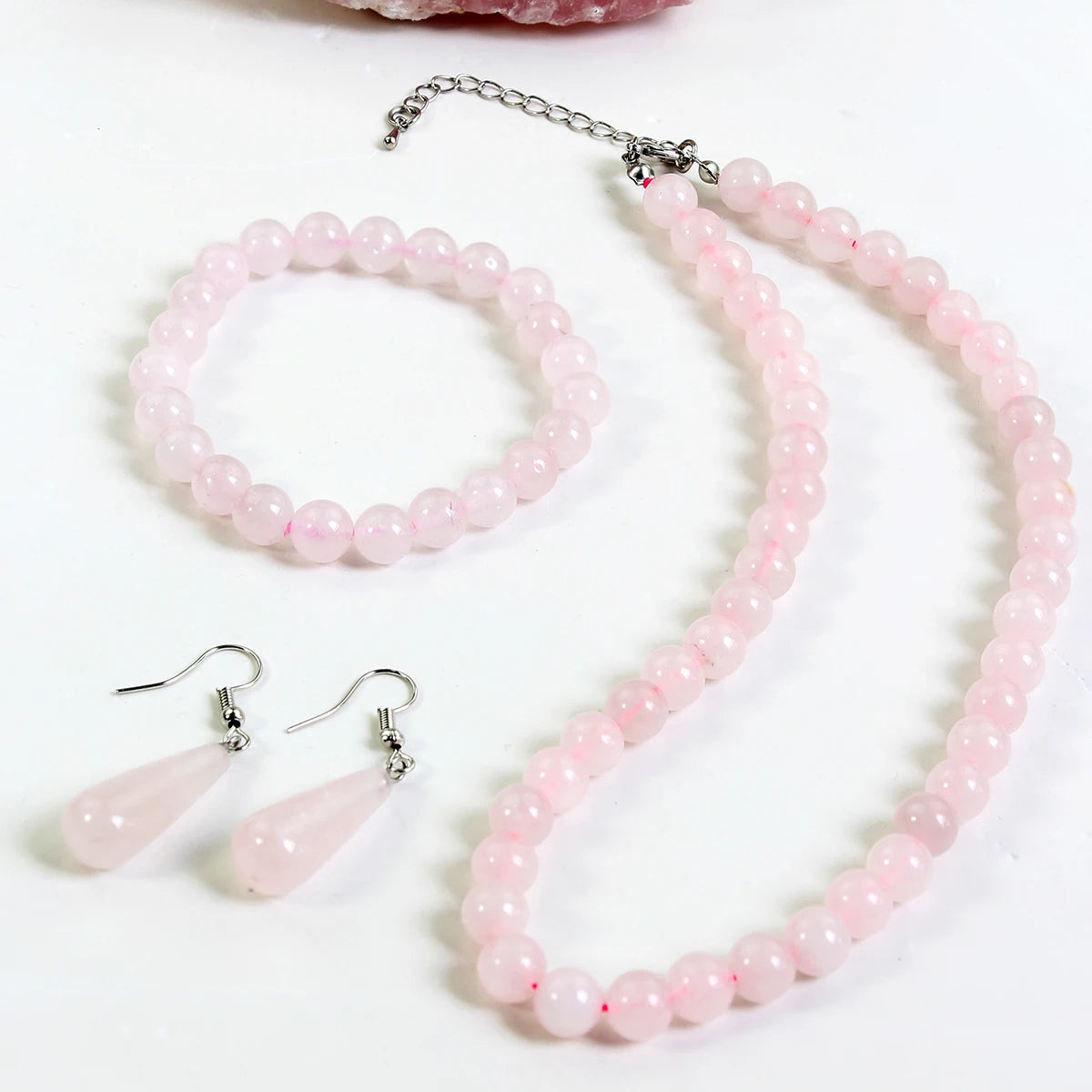3PCS Natural Stone Rose Quartz Round Beaded Necklace Bracelet Earrings Jewelry Set Boho Women's Sweet Handmade Accessories