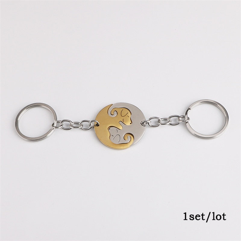 2pcs Cute Black Cat Keychain Patchwork Heart Round Couple Lovers Keyring Stainless Steel Backpack Car Key Ring Hanging Jewelry - Charlie Dolly