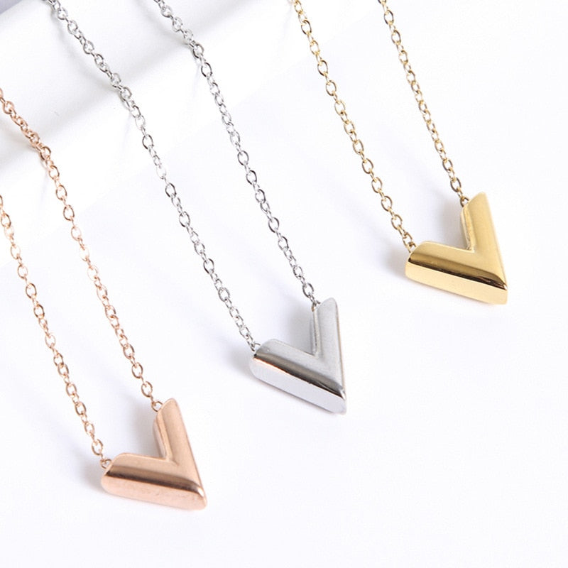 Fashion Brand V Letter Pendant Necklace For Woman Stainless Steel Women Necklace Luxury Jewelry Female  gift - Charlie Dolly