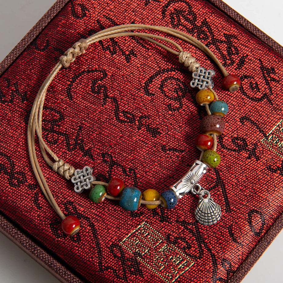 Ceramic Bead and Shell Charm Handmade Rope Bracelet
