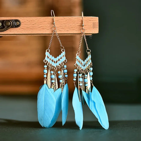 Feather Colorful Bead Long Tassel Earrings Jewelry