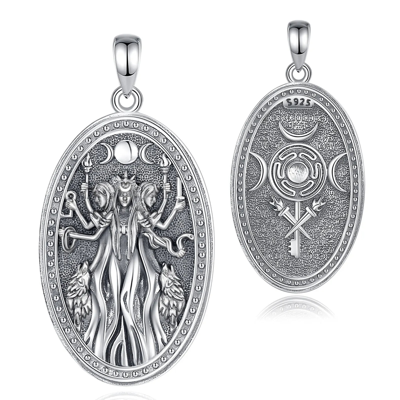 Triple Moon Goddess Hecate Hound Necklace, S925 Sterling Silver