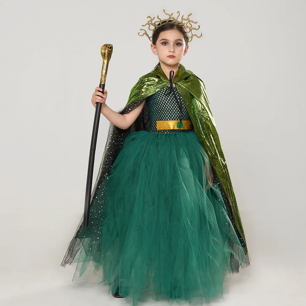 Green Medusa Girls Costume With Headpiece For Kids Cosplay Halloween Medusa Dresses Greek Roman Kids Fancy Gown Tutu Dress 2024 - Charlie Dolly