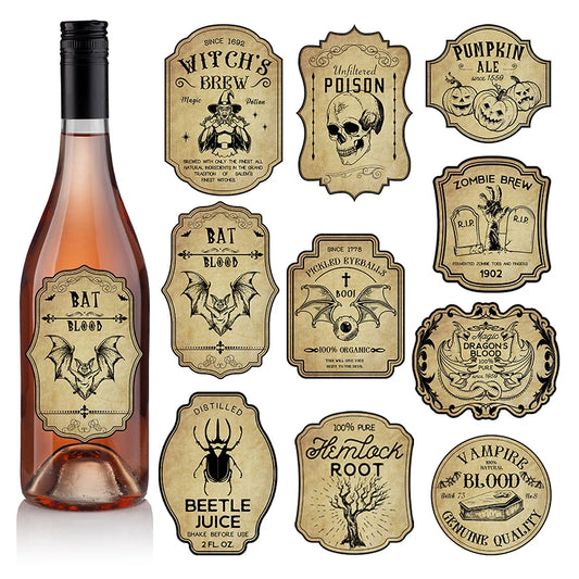 12/24pcs Retro Halloween Wine Labels Witch Bottle Stickers Horror Gothic Vintage Potion Labels Decals Halloween Decoration 2024