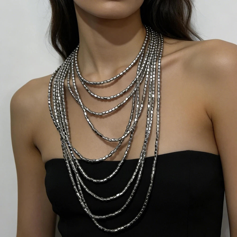 Resin Bead Multilayer Long Statement Necklace Jewelry