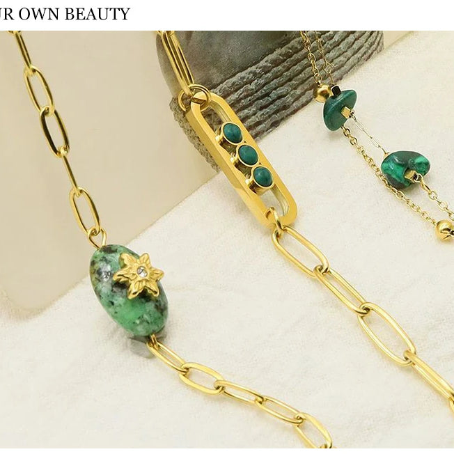 WILD & FREE Boho Vintage Green Natural Stone Bracelets for Women Stainless Steel Trendy Charms Aesthetic Jewelry Set - Charlie Dolly