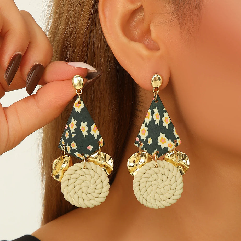Floral Geometric Polymer Clay Statement Earrings Jewelry