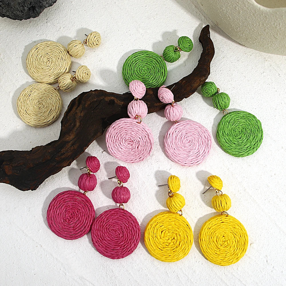 AENSOA Boho Yellow Raffia Round Drop Earrings for Women Handmade Geometric Rattan Knit Hanging Earrings Summer Beach Jewelry