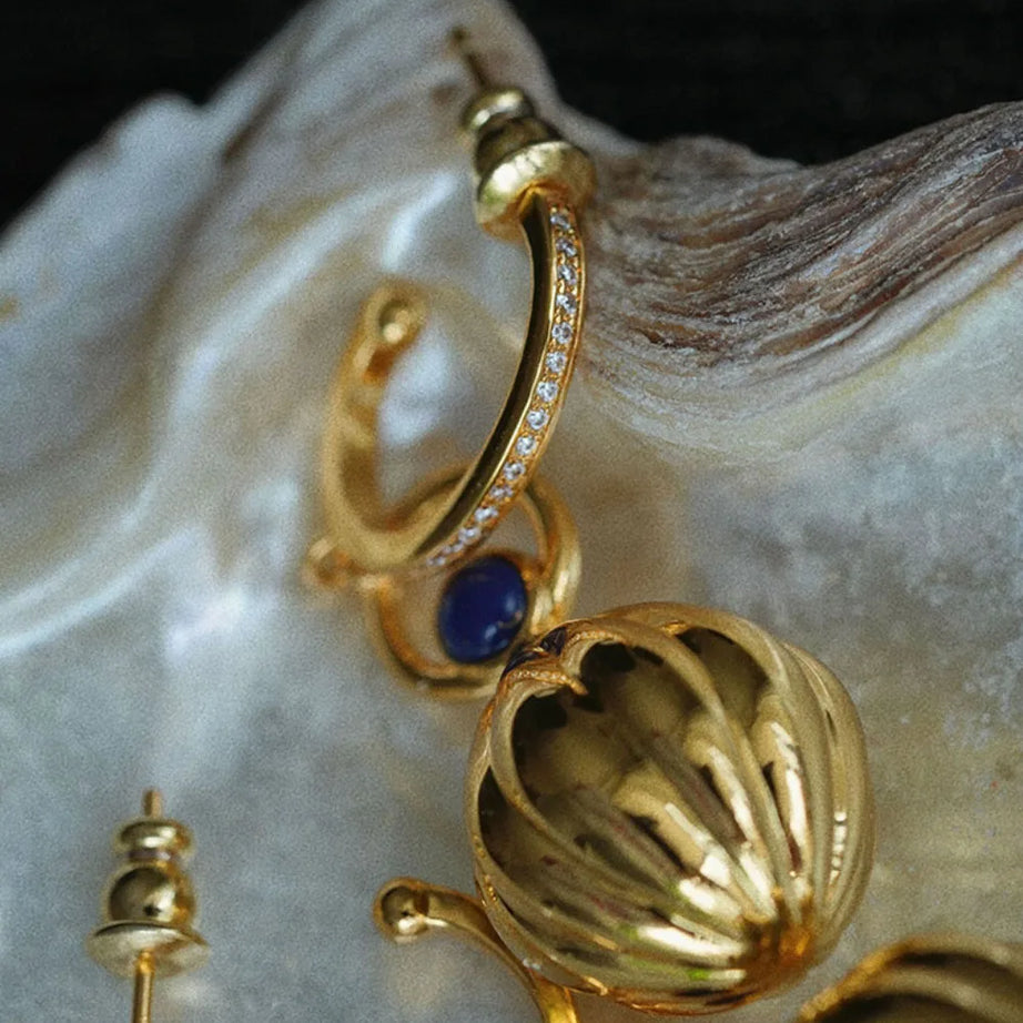 Nutmeg series original design retro artistic lapis lazuli earings long Ancient gold crafts glossy earrings for women jewelry - Charlie Dolly