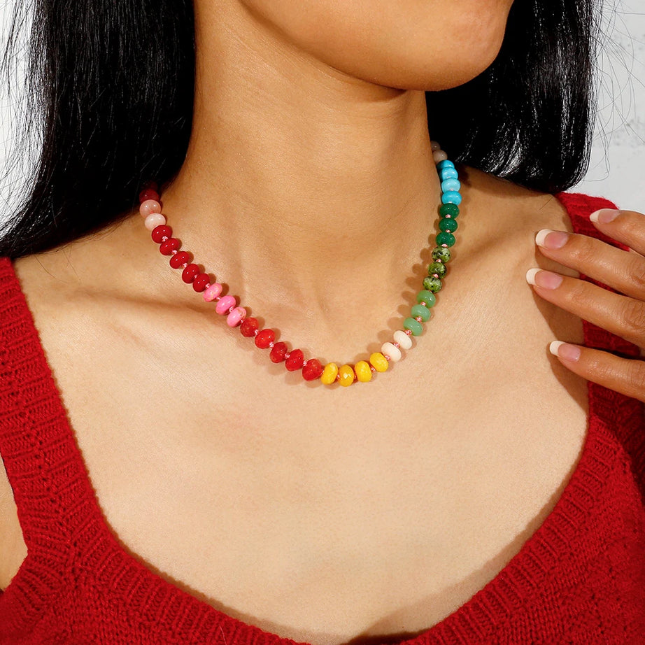 Badu Rainbow Gemstone Beaded Necklace Colorful Natural Stone Choker Necklace Summer Beach Vacation Women's Fashion Boho Jewelry - Charlie Dolly