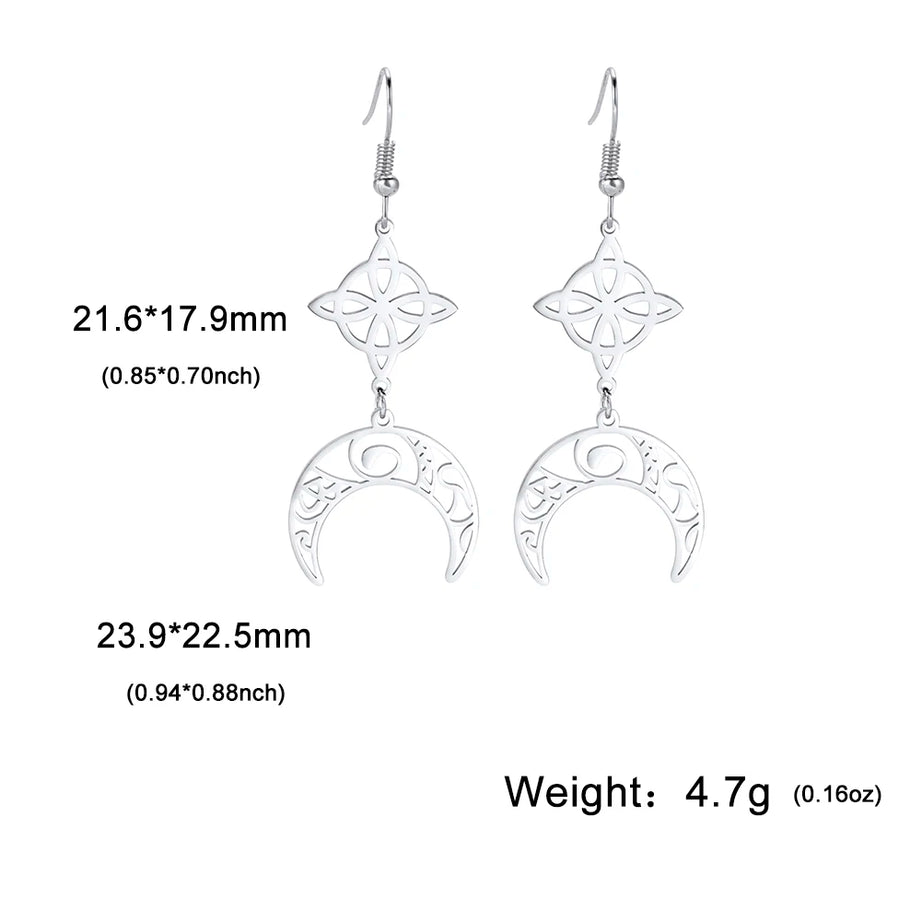 Triple Moon, Rune & Pentagram Hoop Earrings, Stainless Steel Witchy Amulet