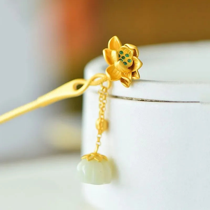 Classic Lotus Flower Jewelry Sets Natural Hotan Jade Various Exquisite Ring Earrings for Women Pendant Hairpin Brooch Bracelets