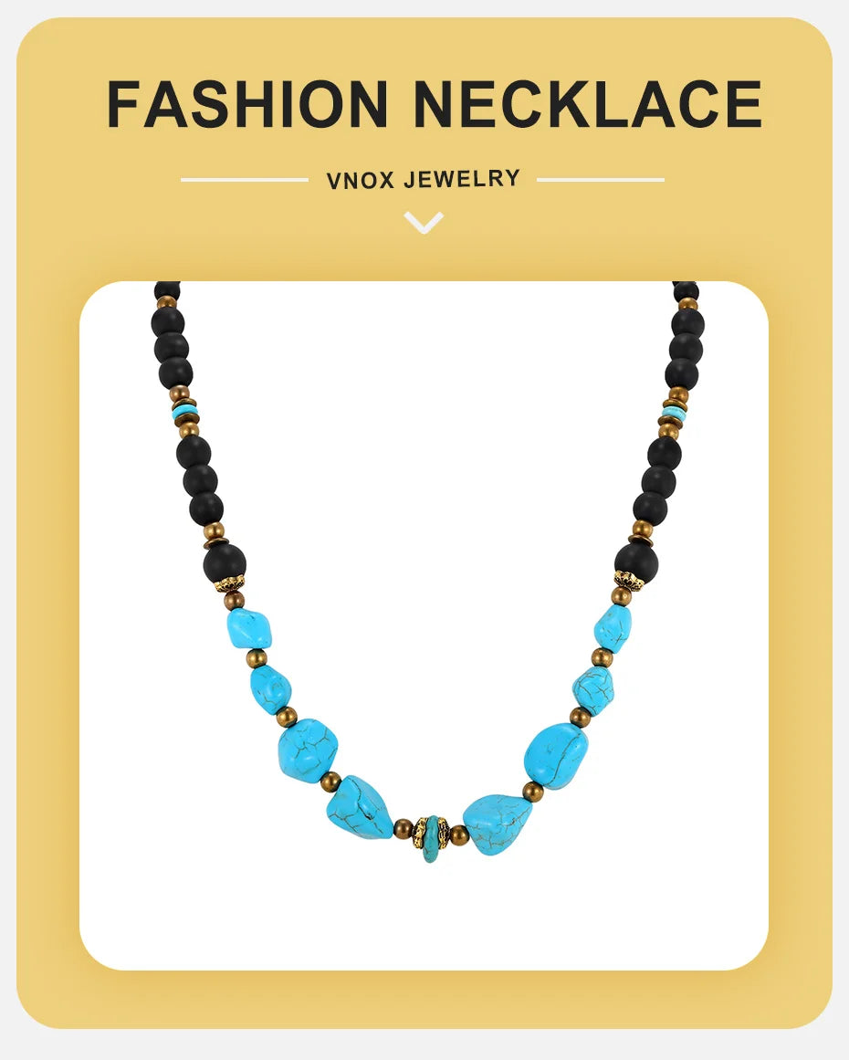 Vnox Natural Stone Beaded Necklace for Men Women, Black Onyx Turquoise 45-50cm Adjustable Chain Boho Trendy Jewelry Gifts Unisex