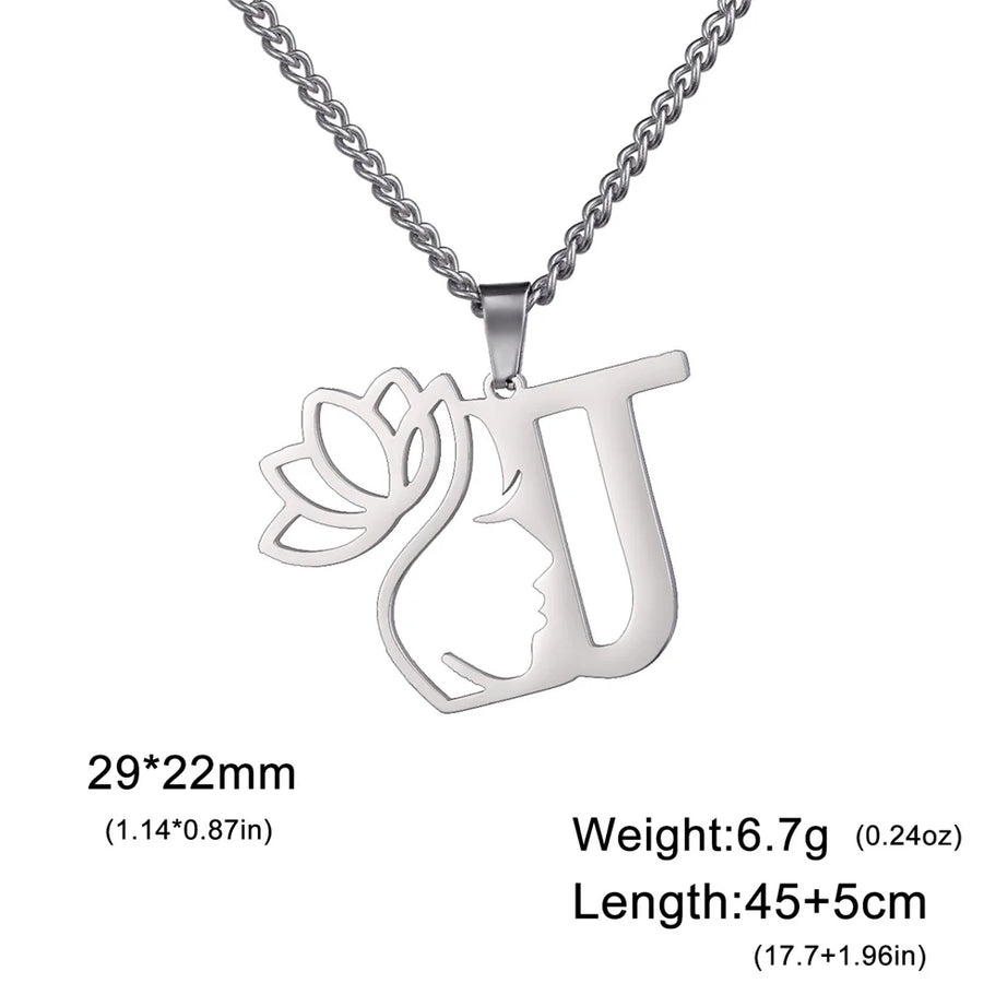 Lotus Flower Initial Letter Pendant, Personalized Stainless Steel Necklace