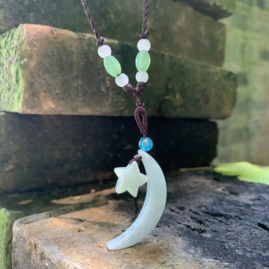 Grade A Natural Myanmar Jade Star Moon Pendant Necklace, Lucky Talisman
