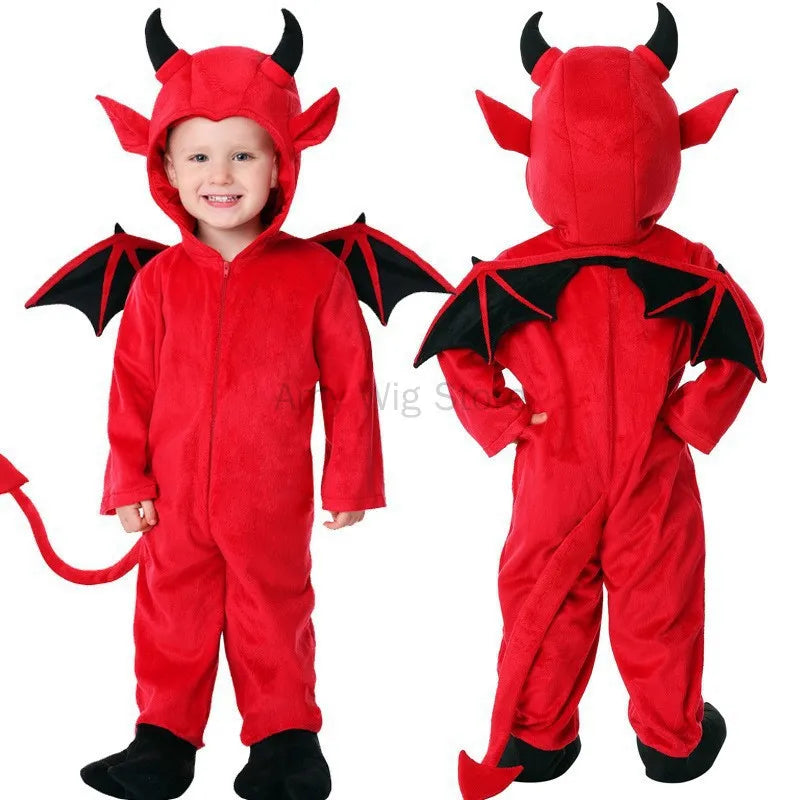Kids Baby Red Devil Costume Unisex Child Cosplay Costume Jumpsuit Halloween Boy Monster Girls Bat Performance Costume School - Charlie Dolly