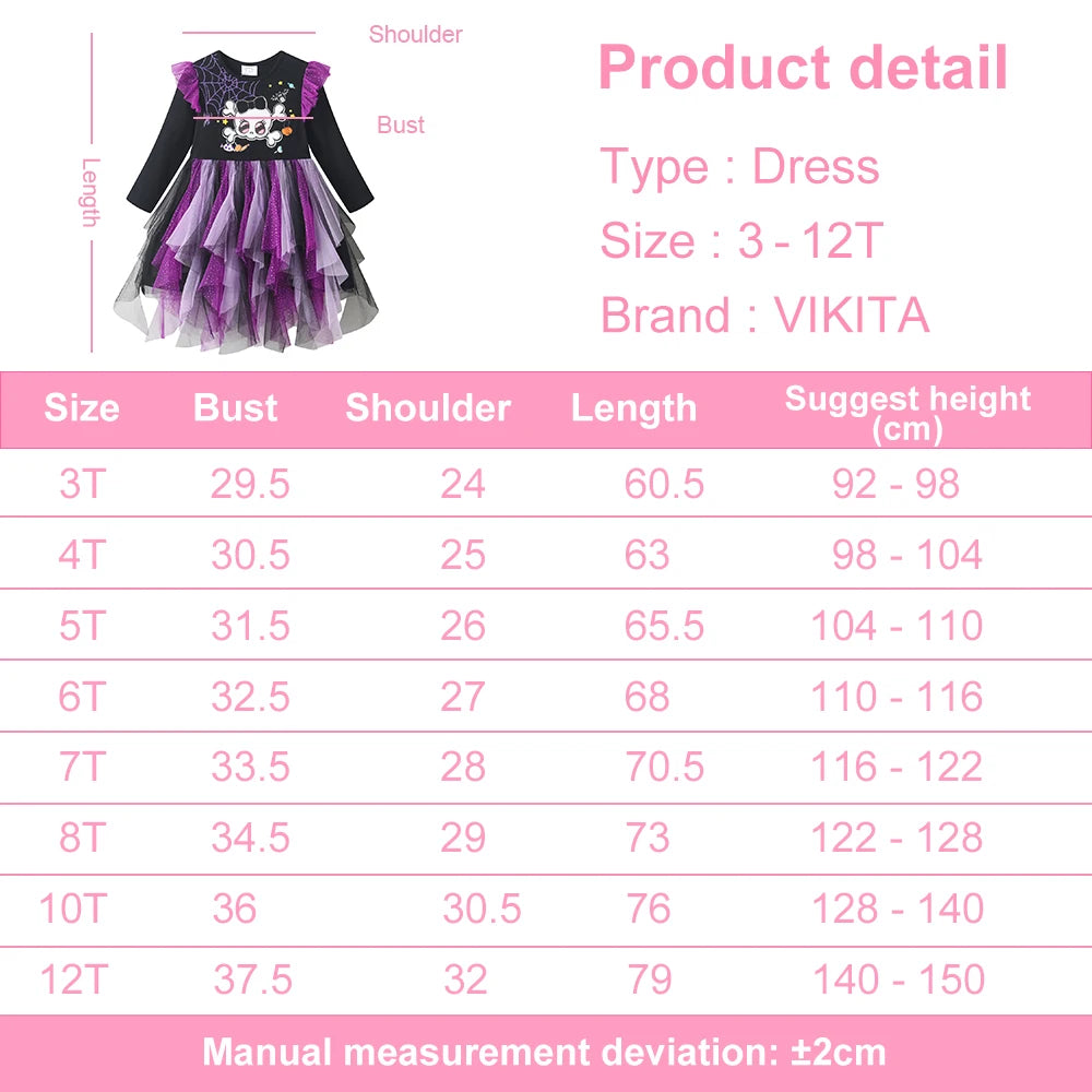 VIKITA Kids Halloween Holiday Cosplay Costumes Girls Spider Skull Print Flare Sleeve Autumn Winter Princess Mesh Tutu Dresses - Charlie Dolly