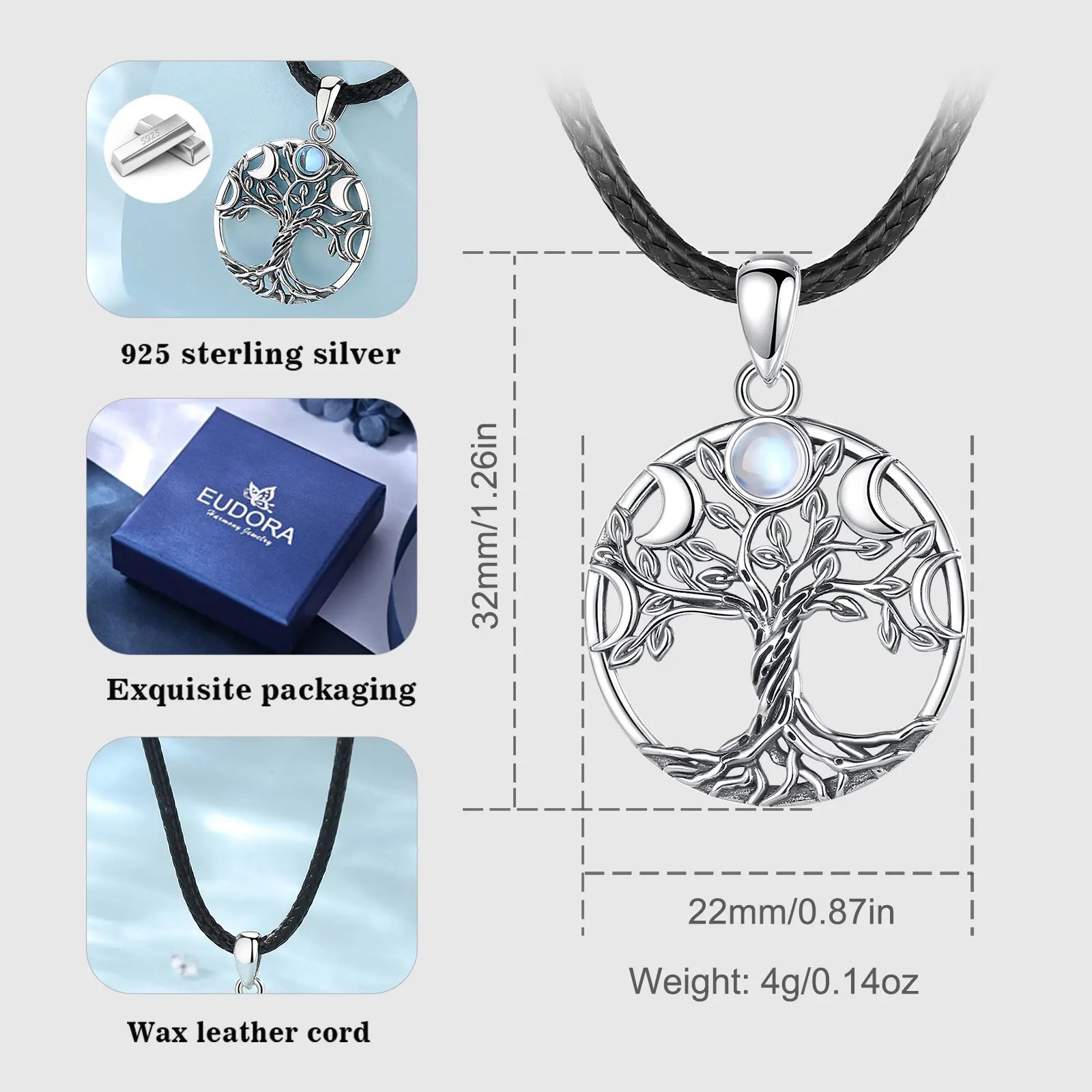 Eudora 925 Sterling Silver Tree of Life Necklace for Women Man Moon Phase Tree Triple Moon Goddess Pendant Wiccan Jewelry Gift