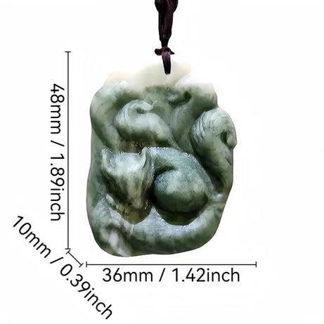 Dark Green Jade Dragon Fox & Owl Pendant Necklace, Carved Amulet Zodiac Talisman
