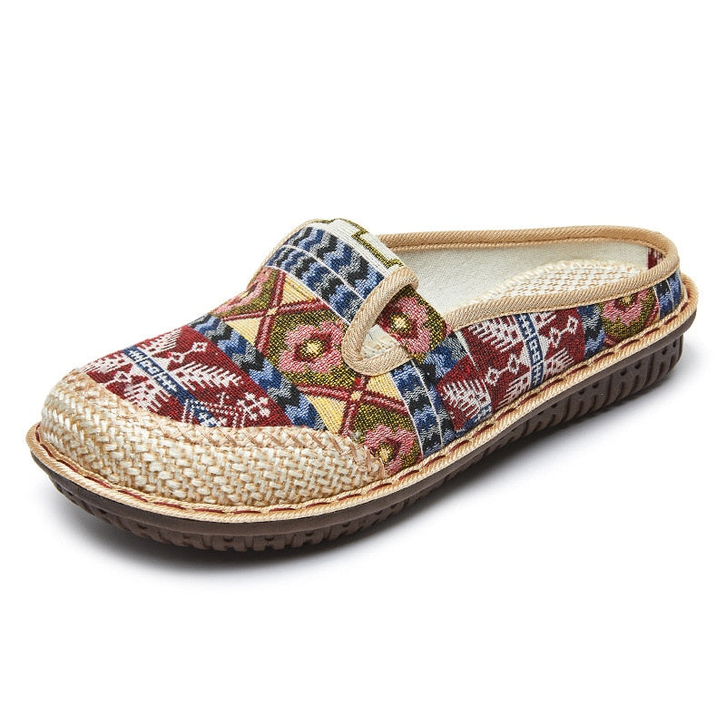 Women Slipper Ethnic Embroidery Summer Flat Shoe Linen Wedge Cloth Shoes Soft Sole Walking Elderly Sandal Ladies Slip-on Muller - Charlie Dolly