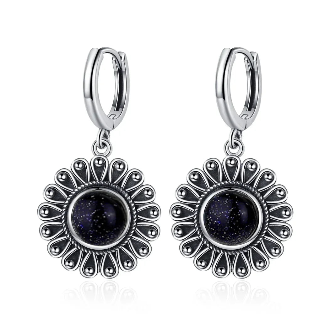 Natural Stone Sun Flower Hoop Earrings for Women, Vintage Antique Silver Turquoise Amethyst Labradorite Dangle Earring Wholesale