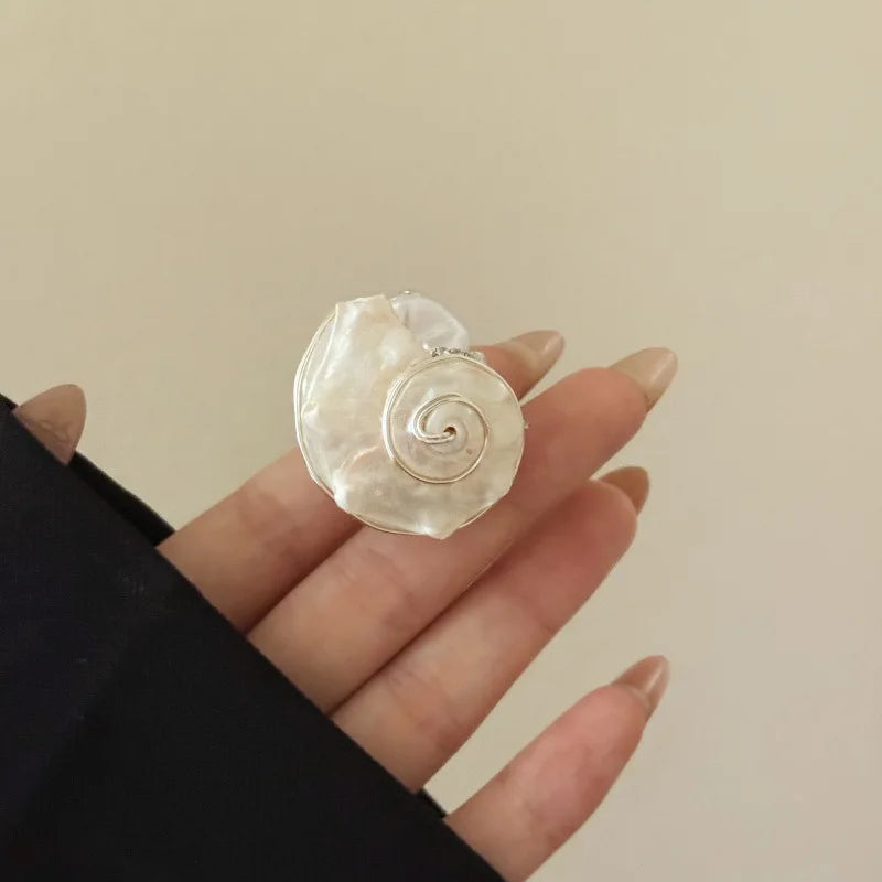 Natural Sea Snail Shell Ring Handmade Wire Wrapped Pearl Open Cuff Ring Beach Boho Statement Jewelry for Women