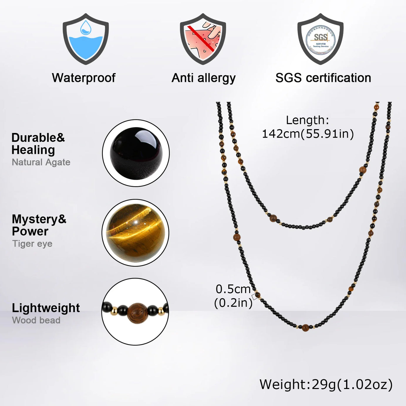 Black Agate Natural Stone Tiger Eye Beads Chain Necklace for Men, Retro Long Sweater Chain Necklace, Fashion Boho Jewelry Gift - Charlie Dolly