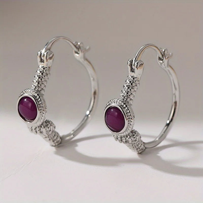 Bohemian Style Vintage Inlaid Synthetic Amethyst Silvery Plated Hoop Earrings for Women Fashion Banquet Jewelry Accessories Gift