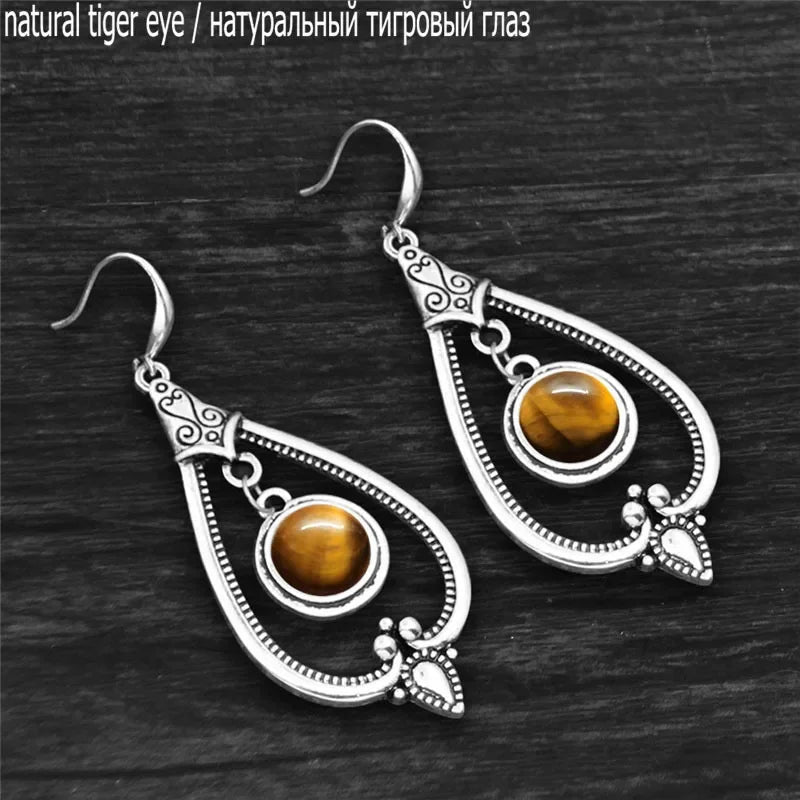 Round Amethysts Drop Earrings For Women Tibetan Silver Natural Stone Rose Quartz Lapis Lazuli Tiger Eye Fashion Dangle Earring
