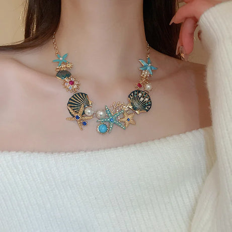 Starfish, Coral and Rhinestone Statement Chain Necklace