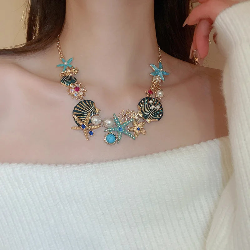 Unique Design Star Shell Coral Rhinestone Chain Necklace Women Personality Versatile Dropping Necklaces Boho Jewelry Travel  H