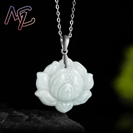 Myanmar Burmese Jadeite Lotus Boho Amulet Necklace, Real Jade Talisman