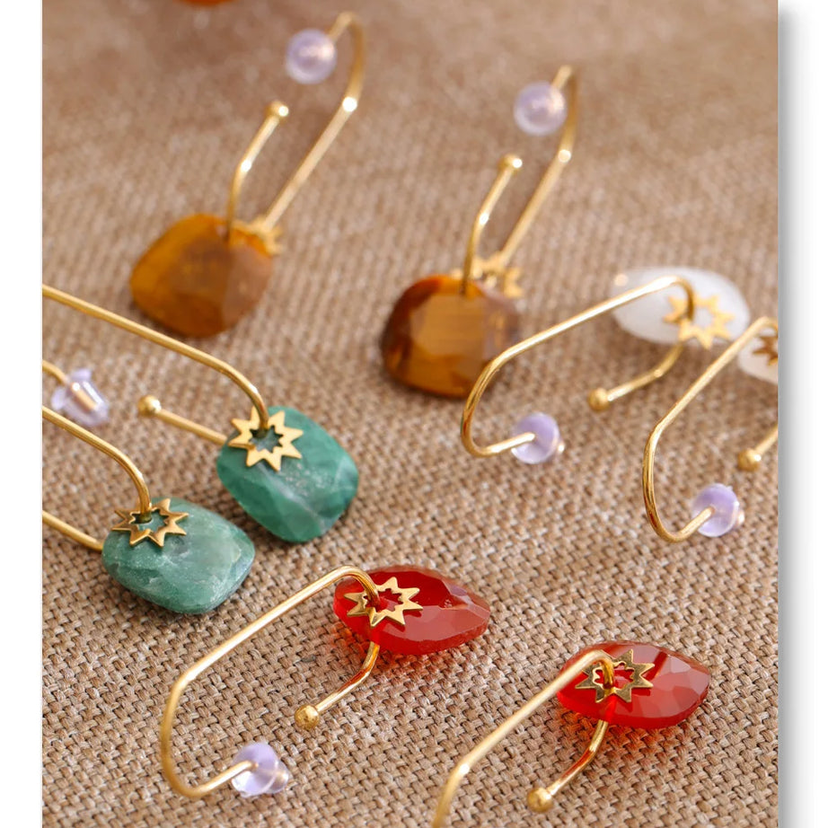 Natural Stone Square Drop Earrings, Tiger Eye Agate 14K Gold Waterproof Stainless Steel Jewelry