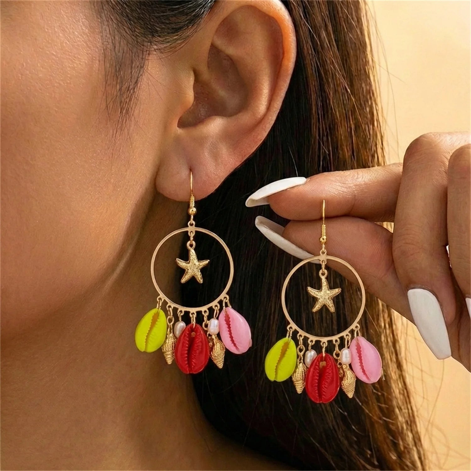 Colorful Irregular Stone Hoop Earrings for Women Y2K Boho Starfish Shell Dangle Earrings Summer Beach Vacation Festival Jewelry