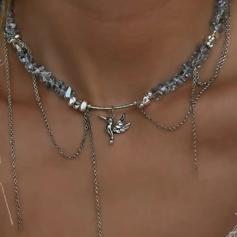 Bird and Heart Pendant Tassel Chain Necklace Jewelry
