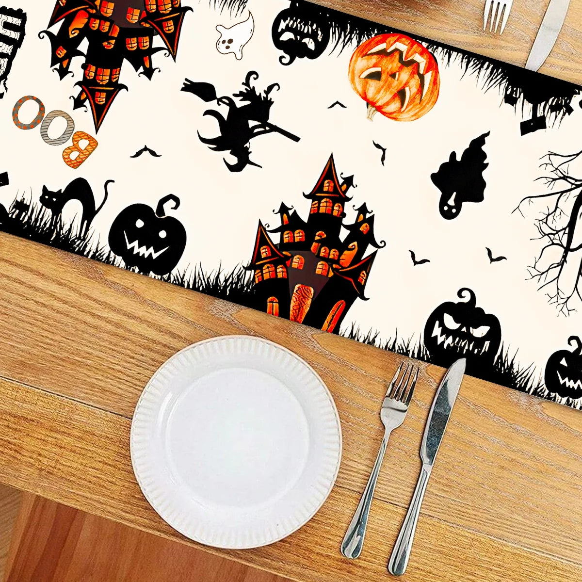 Halloween Table Runner Happy Halloween Party Decorations For Home 2024 Ghost Pumpkin Witch Bat Kitchen Dining Table Runner - Charlie Dolly