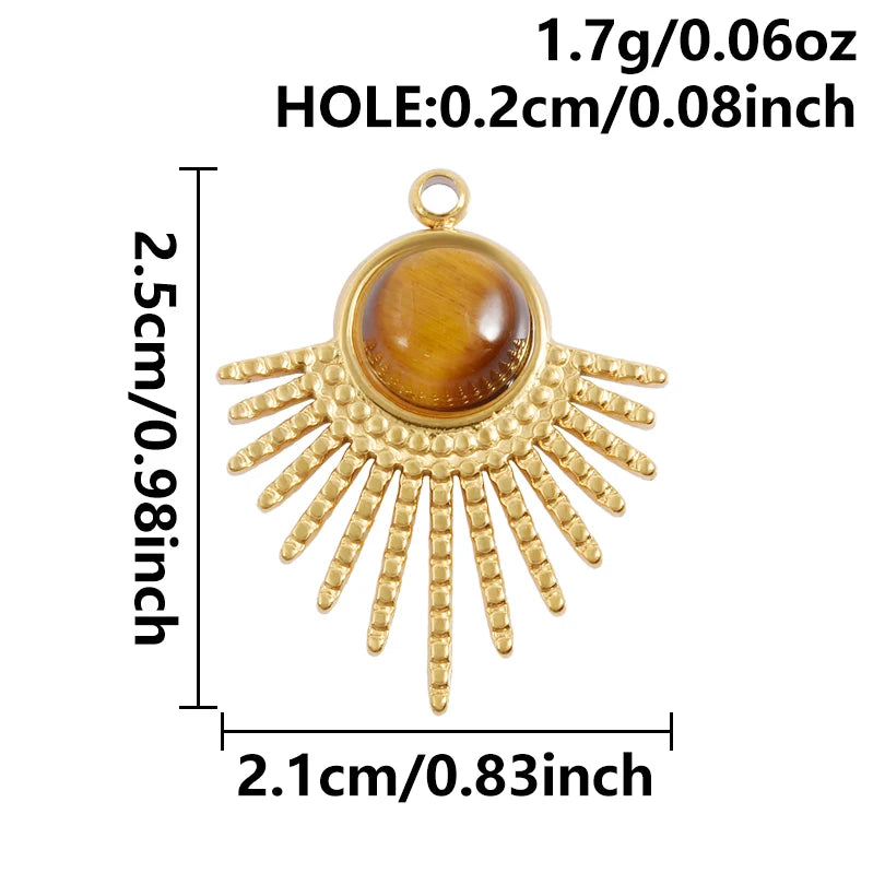 5pcs Real Natural Stone Tiger Eye Charm Sun Eye Oval Boho Pendant Gold Color Stainless Steel Pendants For Jewelry Making Finding