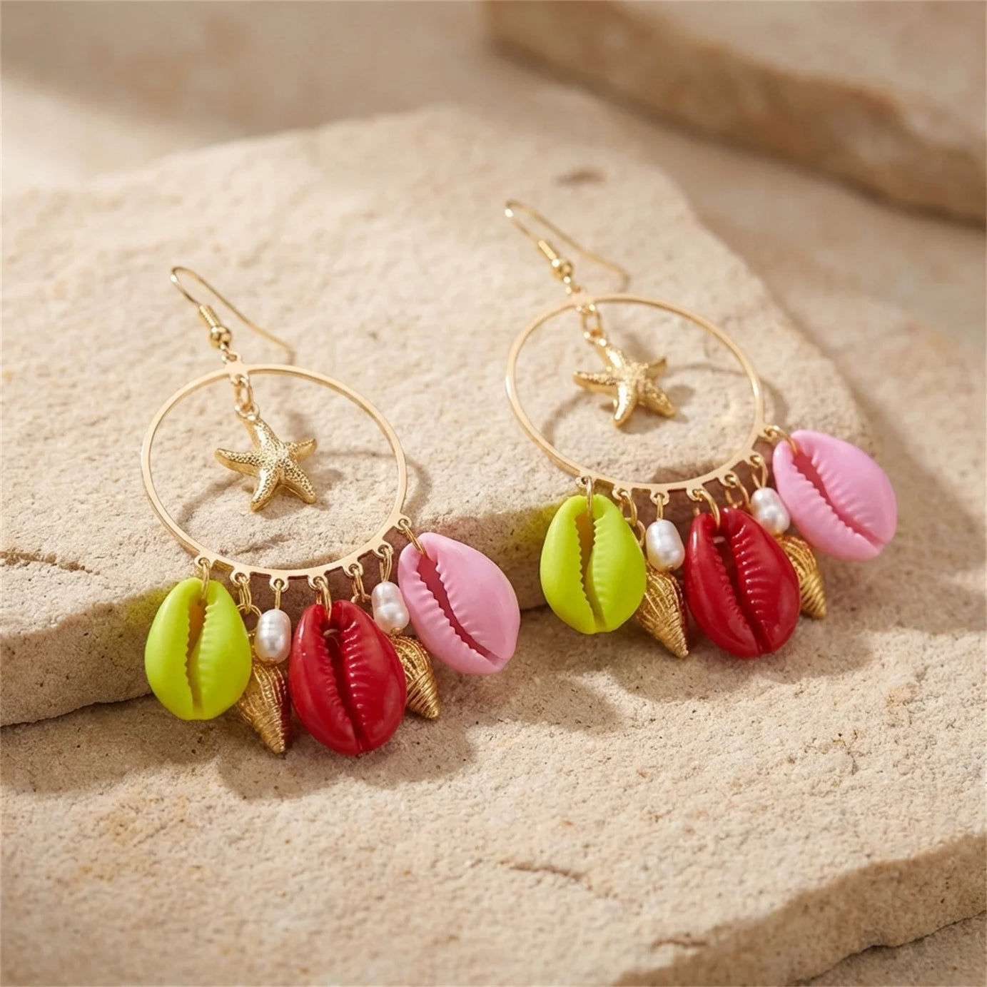 Y2K Starfish, Shell and Irregular Stone Hoop Earrings