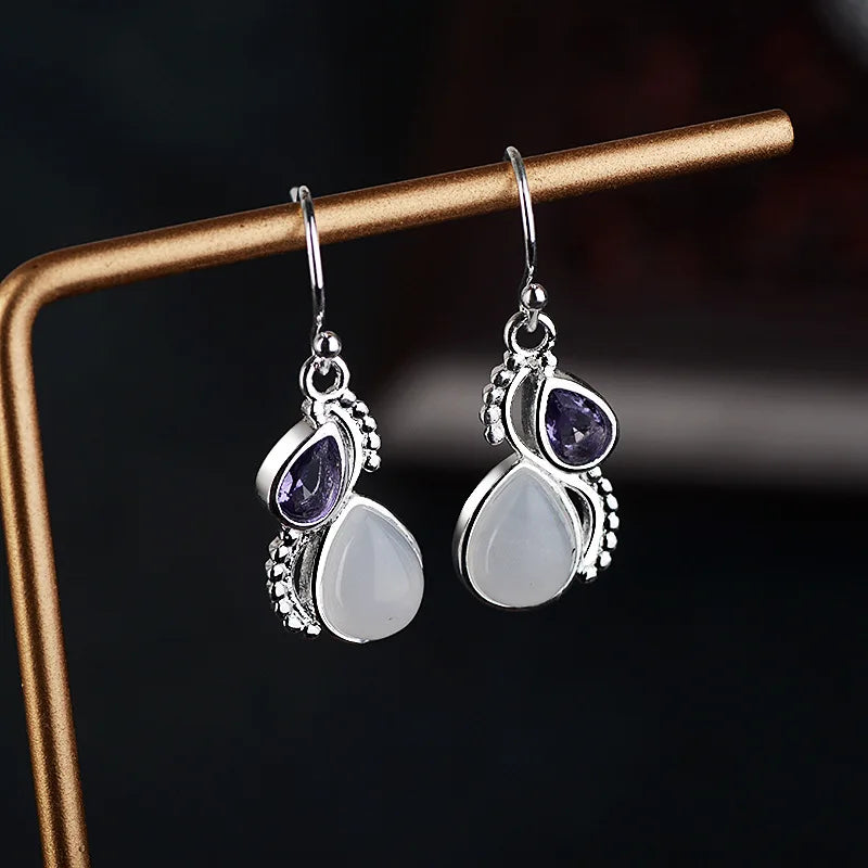 Gorgeous Silver Color Water Drop Earrings Inlaid Natural Stone Dangle Earrings for Women Bridal Engagement Wedding Jewelry Gifts