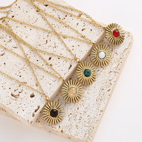 Boho Natural Stone Sun Flower Necklace for Women Bohemian Retro Stainless Steel Necklace Choker Necklaces Fashion Jewelry - Charlie Dolly