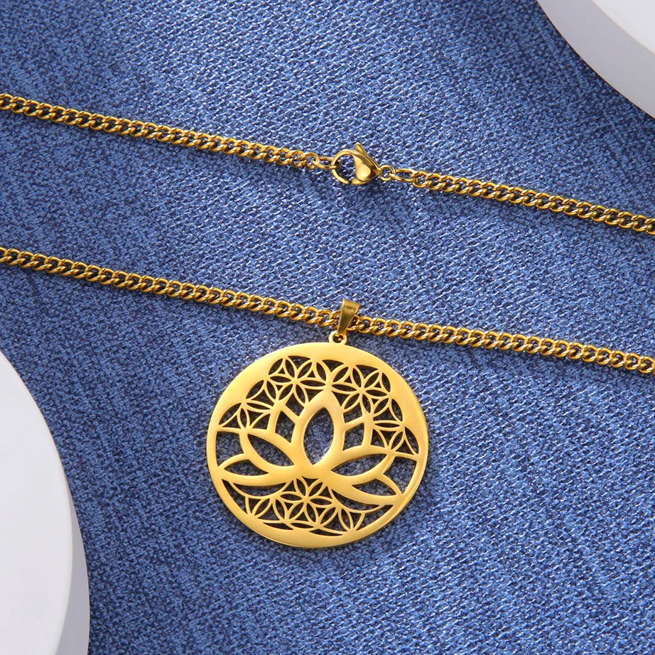 Lotus Flower of Life Pendant Necklace, Stainless Steel Buddhist Yoga Meditation Amulet