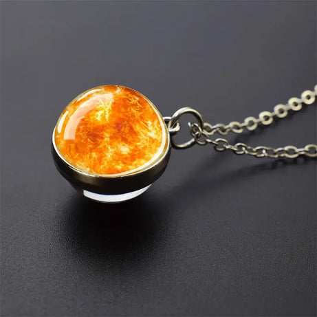 Double-Sided Galaxy Planet Glass Ball Pendant Necklace, Sun Moon Mars Cosmic Talisman