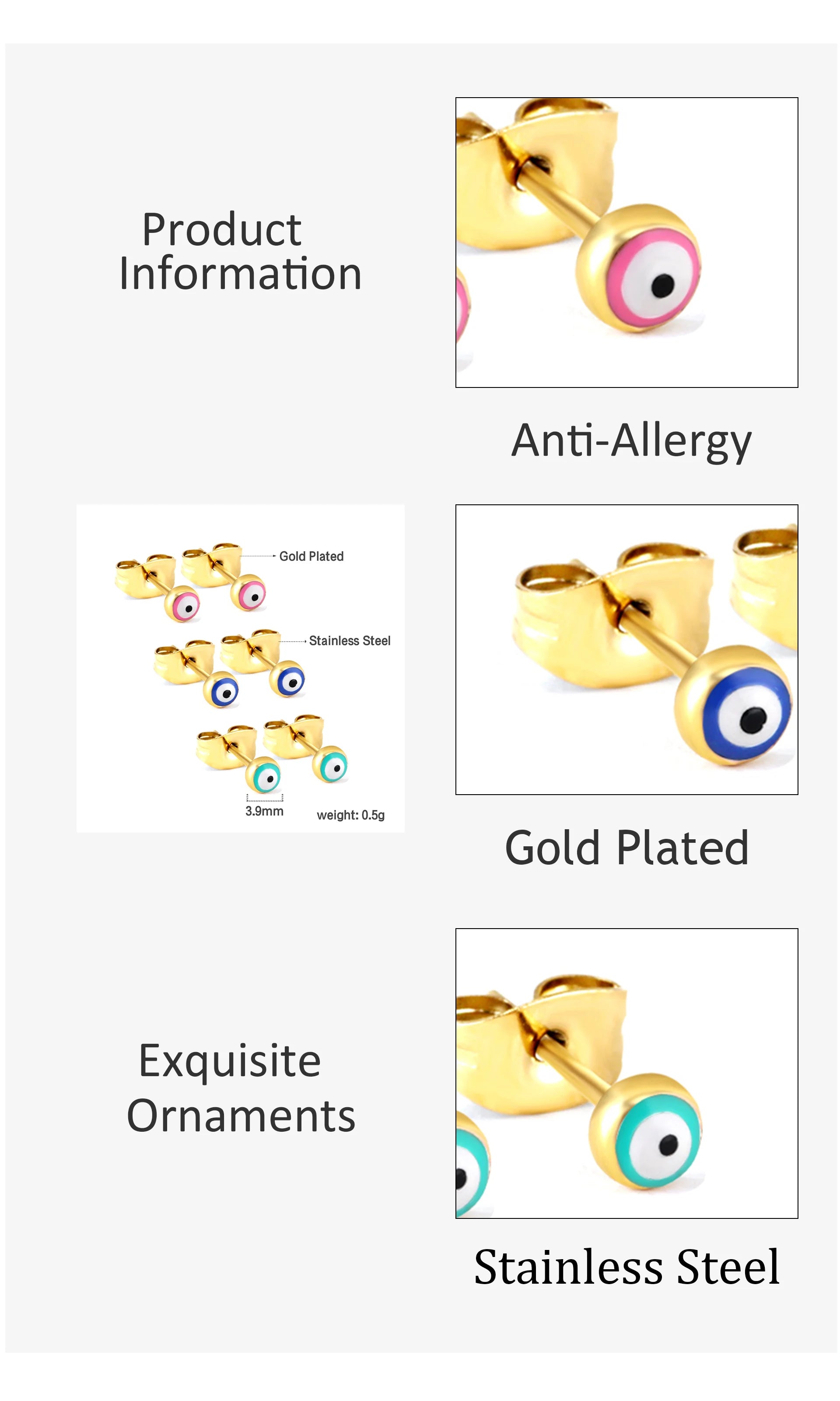 LUXUSTEEL 3Pairs Boho Colorful Round Evil Eyes Stud Earrings For Women Men Gold Plated Stainless Steel Turkish Ear Jewelry Set