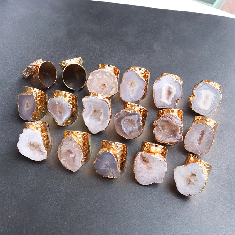 Irregular Natural Geode Stone Rings Agate Slices Wide Open Ring for Women Men Boho Resizable Finger Jewelry