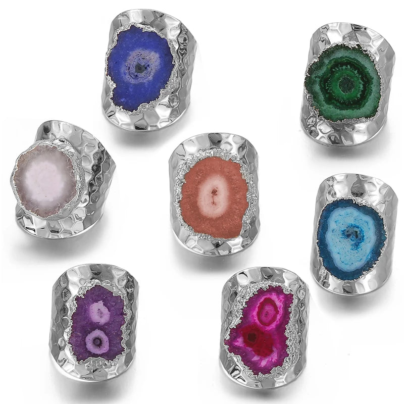 Boho Irregular Natural Stone Sunflower Agate Slices Ring Wide Open Ring for Women Silver Plated Resizable Finger Jewelry