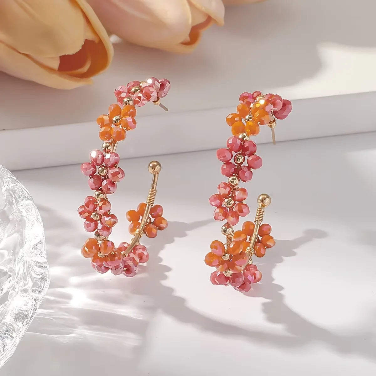 Handmade Boho Resort Style Earrings Artificial Crystal Beaded Stylish Sunflower Design for Everyday Wear Unidentified Brand
