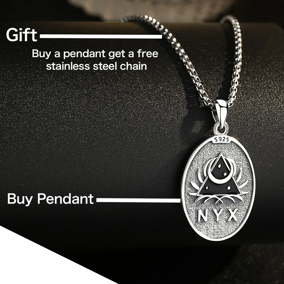 S925 Sterling Silver Nyx Moon Goddess Pendant Necklace, Dark Goddess of Night Wicca Amulet