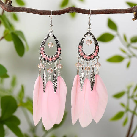 Feather Crystal Tassel Boho Dangle Earrings Jewelry