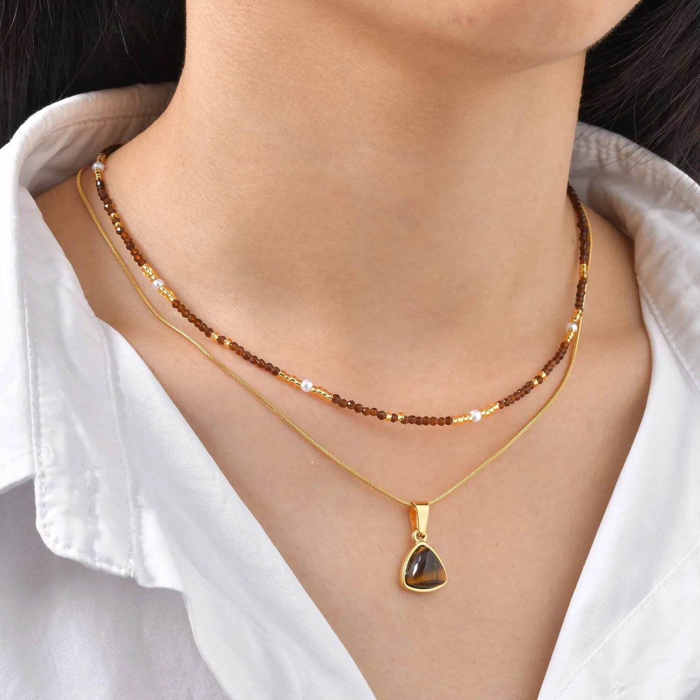 Beaded Choker Necklace for Women, 18K Gold Plated Boho Colorful Natural Stone Beads Chain Necklace stackable Handmade Jewelry - Charlie Dolly